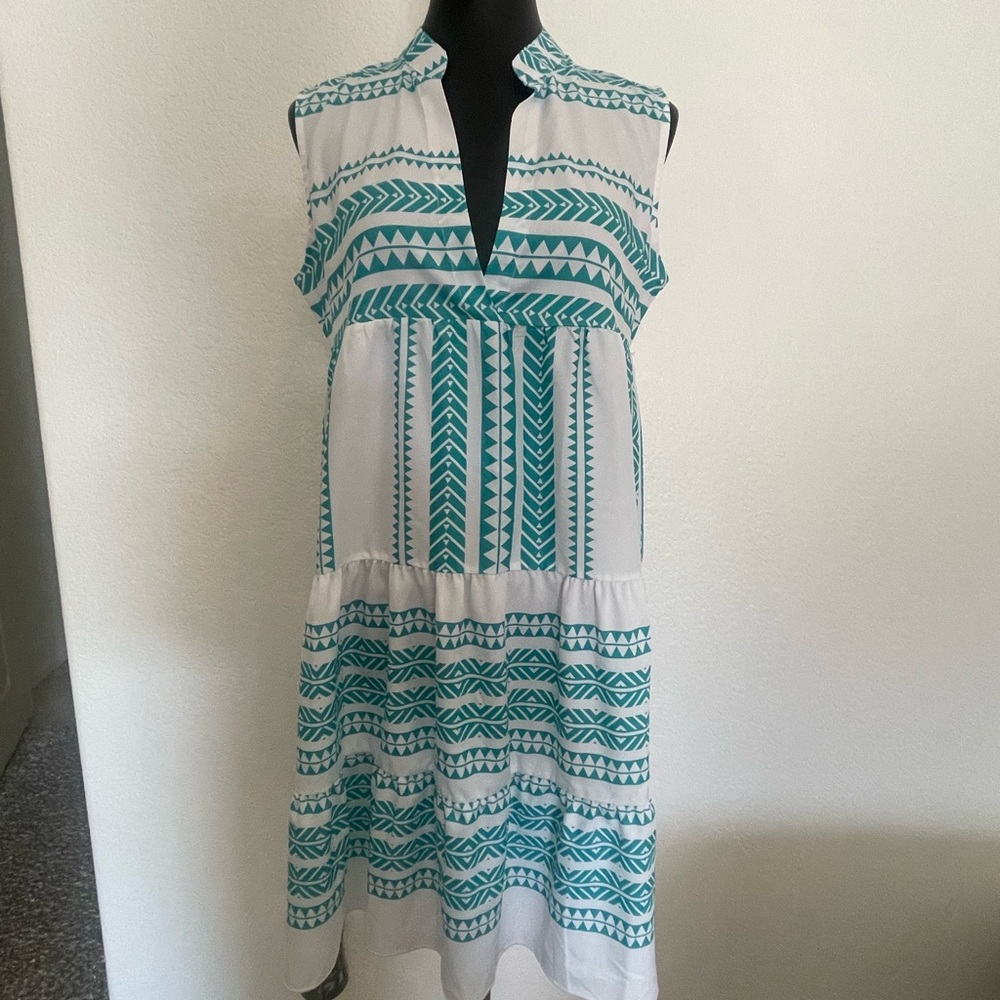 Boho Geometric Tiered Midi Dress - Teal & White